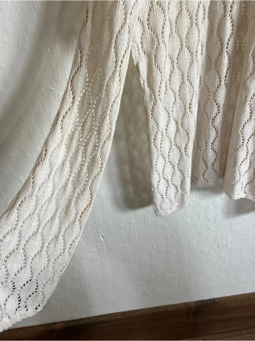 Vintage White Stag Cotton Ramie Crochet Knit Open Front Long Cardigan Small Pet